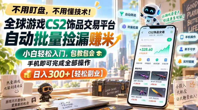 全球游戏CS2饰品交易平台自动批量捡漏賺米，小白轻松入门，包教包会，手机即可完成全部操作，日入300+【揭秘】 - 寻创社