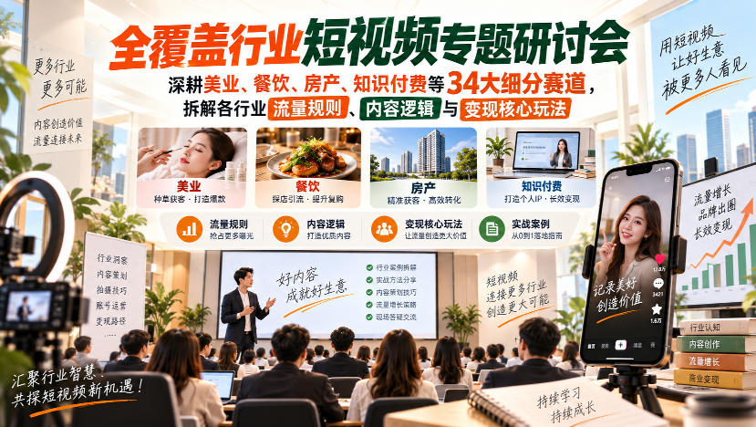 短视频专题研讨会，深耕美业、餐饮、房产、知识付费等34大细分赛道，拆解各行业流量规则、内容逻辑与变现核心玩法 - 寻创社