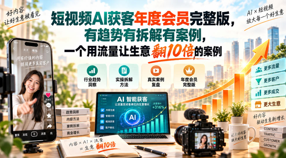 短视频AI获客年度会员完整版，有趋势有拆解有案例，一个用流量让生意翻10倍的案例 - 寻创社