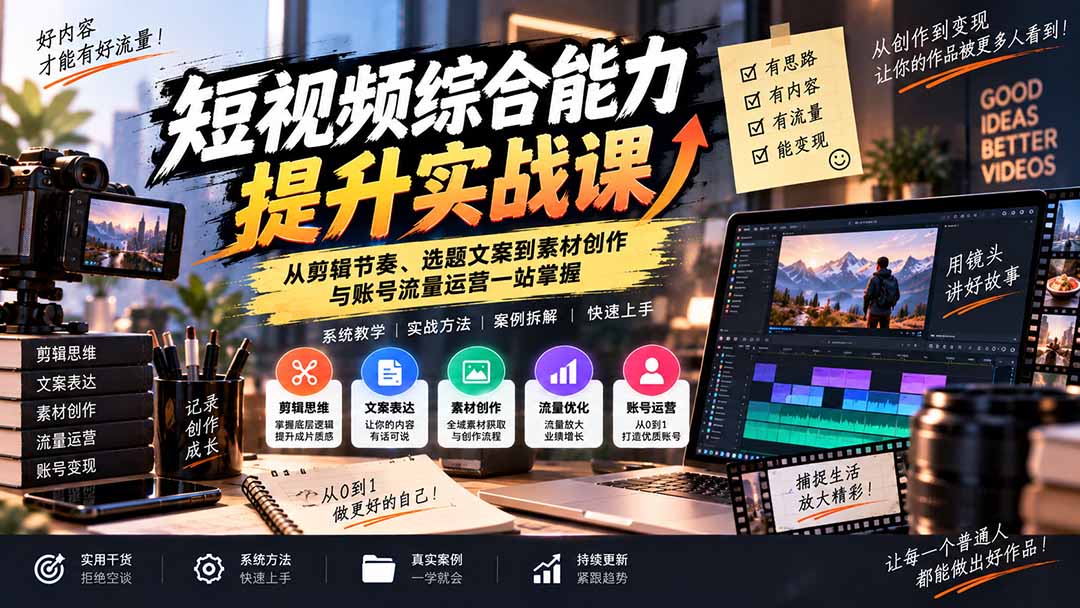 短视频综合能力提升实战课：从剪辑节奏、选题文案到素材创作与账号流量运营一站掌握 - 寻创社