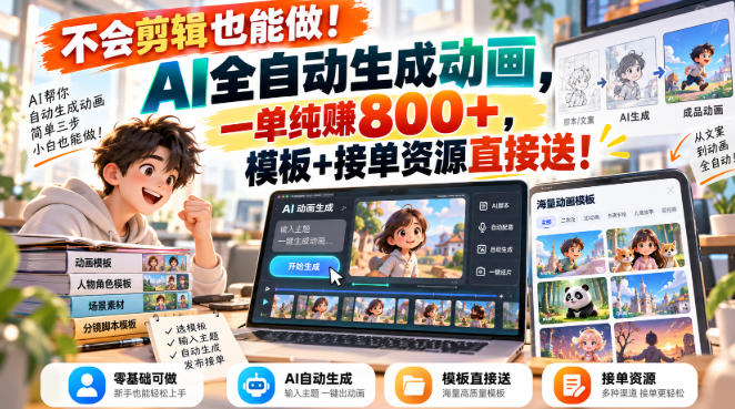 不会剪辑也能做！AI全自动生成动画，一单纯賺800+，模板+接单资源直接送！【揭秘】 - 寻创社