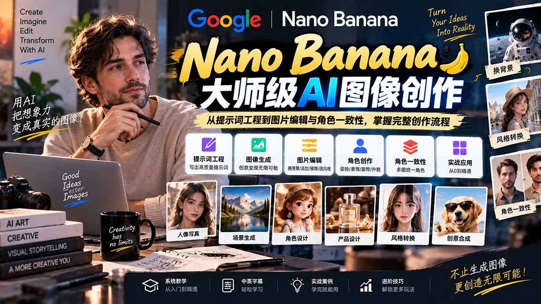 【无水印】Nano Banana大师级AI图像实战课：从提示词工程到图片编辑与角色一致性，掌握完整创作流程 - 寻创社