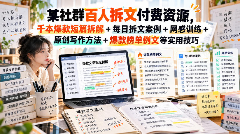 某社群百人拆文付费资源，千本爆款短篇拆解+每日拆文案例+网感训练+原创写作方法+爆款榜单例文等实用技巧(持续更新) - 寻创社