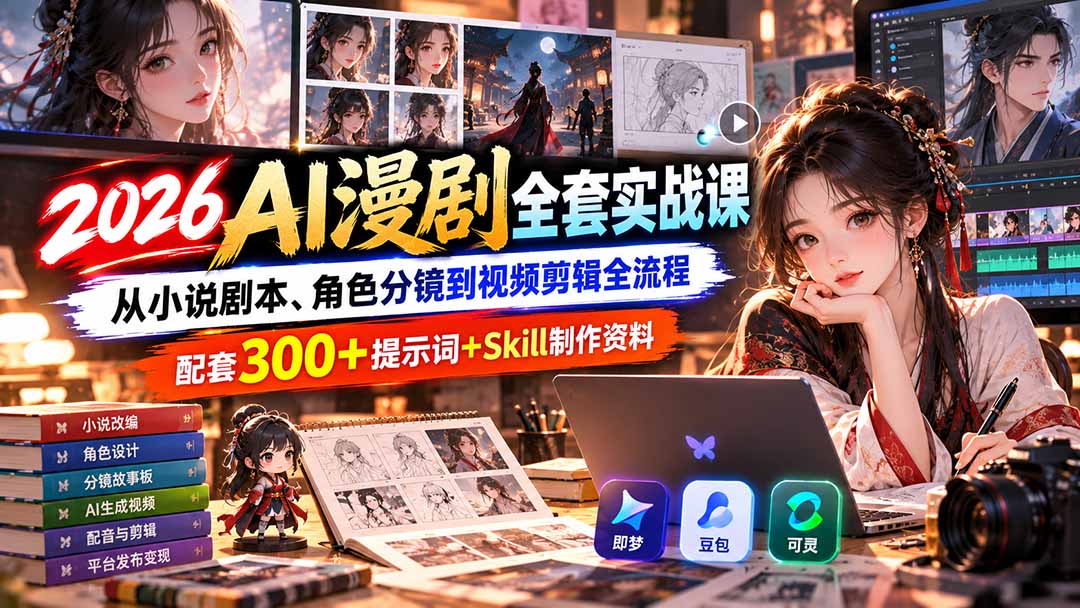【无水印】2026AI漫剧全套实战课：从小说剧本、角色分镜到视频剪辑全流程，配套300+提示词+Skill制作资料 - 寻创社