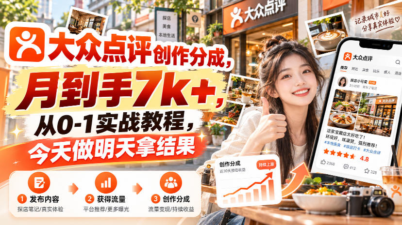大众点评创作分成，月到手7k+，从0-1实战教程，今天做明天拿结果 - 寻创社