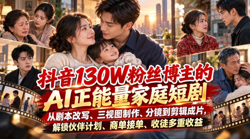 抖音130W粉丝博主的AI正能量家庭短剧，从剧本改写、三视图制作、分镜到剪辑成片，解锁伙伴计划、商单接单、收徒多重收益 - 寻创社