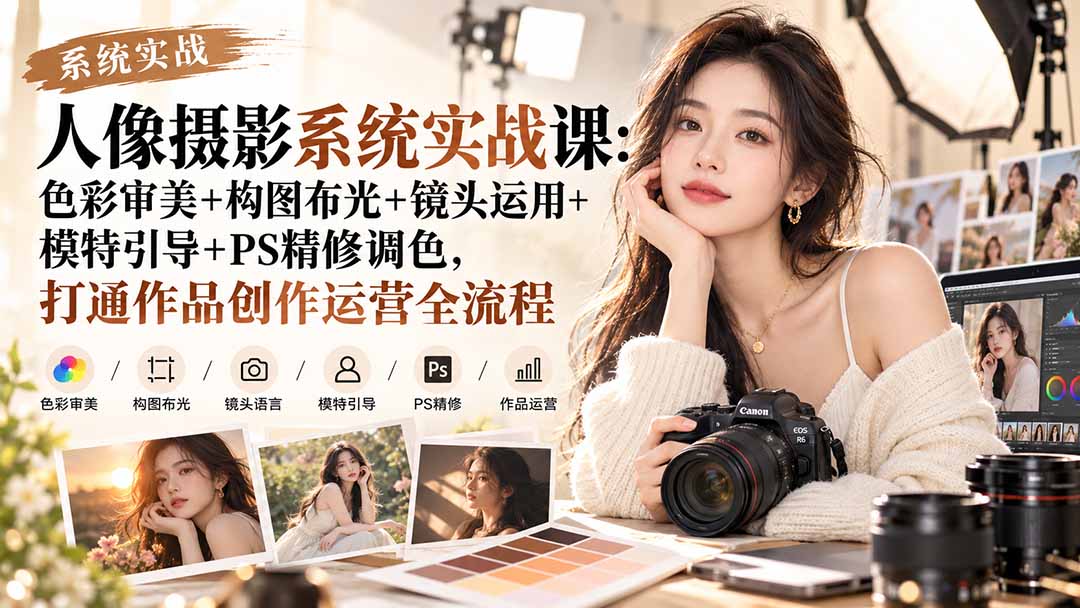 【无水印】人像摄影系统实战课：色彩审美+构图布光+镜头运用+模特引导+PS精修调色，打通作品创作运营全流程 - 寻创社