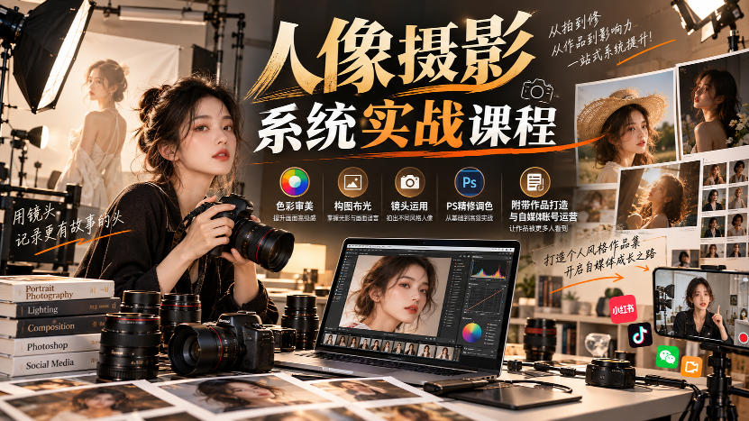 【无水印】人像摄影系统实战课程，色彩审美、构图布光、镜头运用、PS精修调色，附带作品打造与自媒体账号运营 - 寻创社