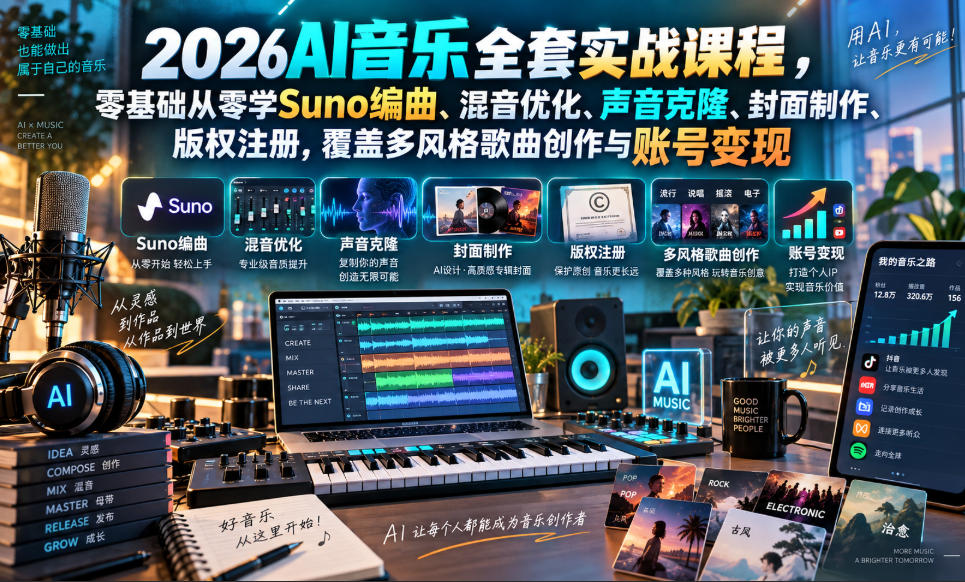 2026AI音乐实战课程，零基础从零学Suno编曲、混音优化、声音克隆、版权注册，覆盖多风格歌曲创作与账号变现(更新0924) - 寻创社