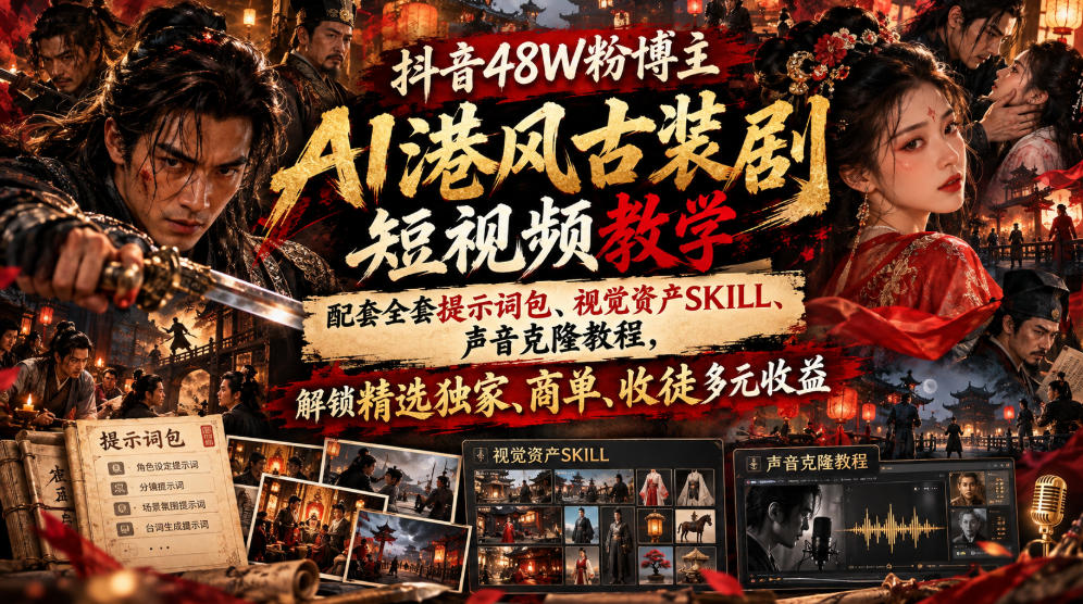 抖音48W粉博主AI港风古装剧短视频教学，配套全套提示词包、视觉资产SKILL、声音克隆教程，解锁精选独家、商单、收徒多元收益 - 寻创社