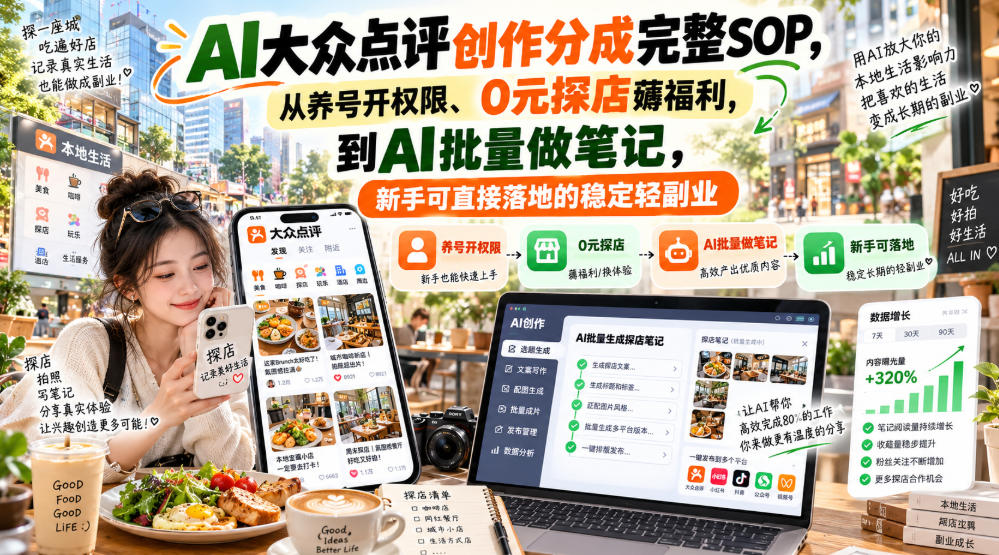 【无水印】AI大众点评创作分成完整SOP，从养号开权限、0元探店薅福利，到AI批量做笔记，新手可直接落地的稳定轻副业 - 寻创社