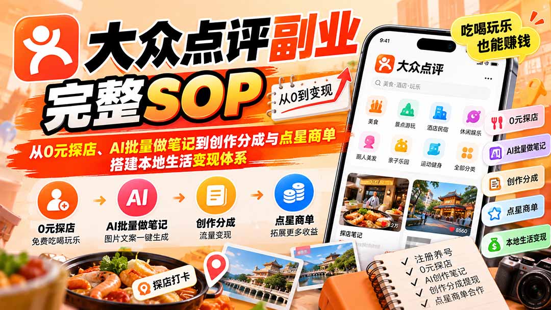【无水印】大众点评副业完整SOP：从0元探店、AI批量做笔记到创作分成与点星商单，搭建本地生活变现体系 - 寻创社