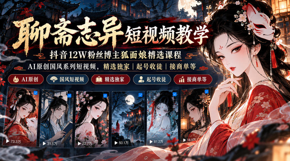 聊斋志异短视频教学，抖音12W粉丝博主狐面娘精选课程，AI原创国风系列短视频，精选独家丨起号收徒丨接商单等 - 寻创社