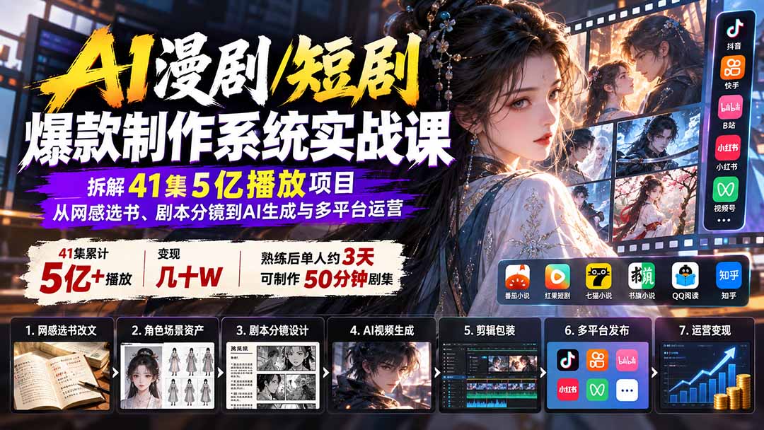 AI漫剧/短剧爆款制作系统实战课：拆解41集5亿播放项目，从网感选书、剧本分镜到AI生成与多平台运营 - 寻创社