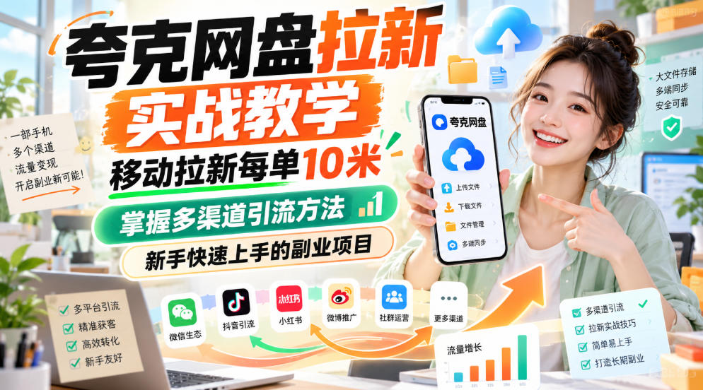 夸克网盘拉新实战教学，移动拉新每单10米，掌握多渠道引流方法，新手快速上手的副业项目 - 寻创社