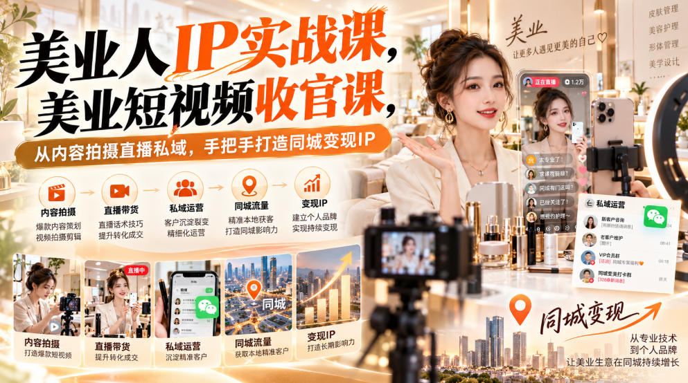【无水印】美业人IP实战课，美业短视频收官课，从内容拍摄直播私域，手把手打造同城变现IP - 寻创社