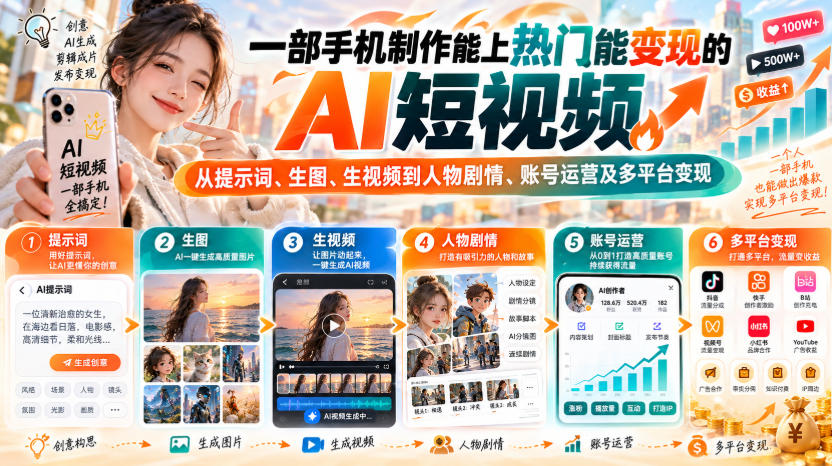 【无水印】一部手机制作能上热门能变现的AI短视频，从提示词、生图、生视频到人物剧情、账号运营及多平台变现 - 寻创社