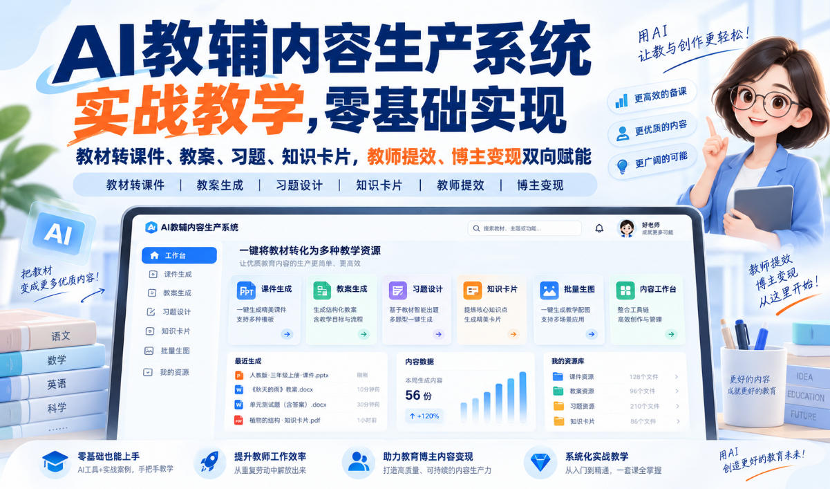 【无水印】AI教辅内容生产系统实战教学，零基础实现教材转课件、教案、习题、知识卡片，教师提效、博主变现双向赋能(更新0926) - 寻创社