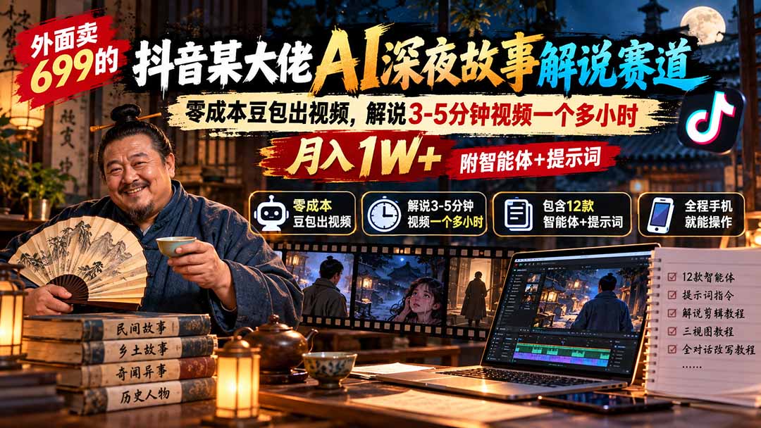 外面卖699的抖音某大佬AI深夜故事解说赛道：零成本豆包出视频，解说3-5分钟视频一个多小时，月入1W+附智能体+提示词 - 寻创社