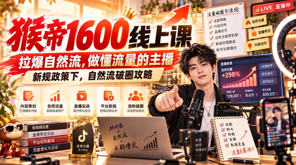 猴帝1600线上课，拉爆自然流，做懂流量的主播，新规政策下，自然流破圈攻略【更新260926】 - 寻创社