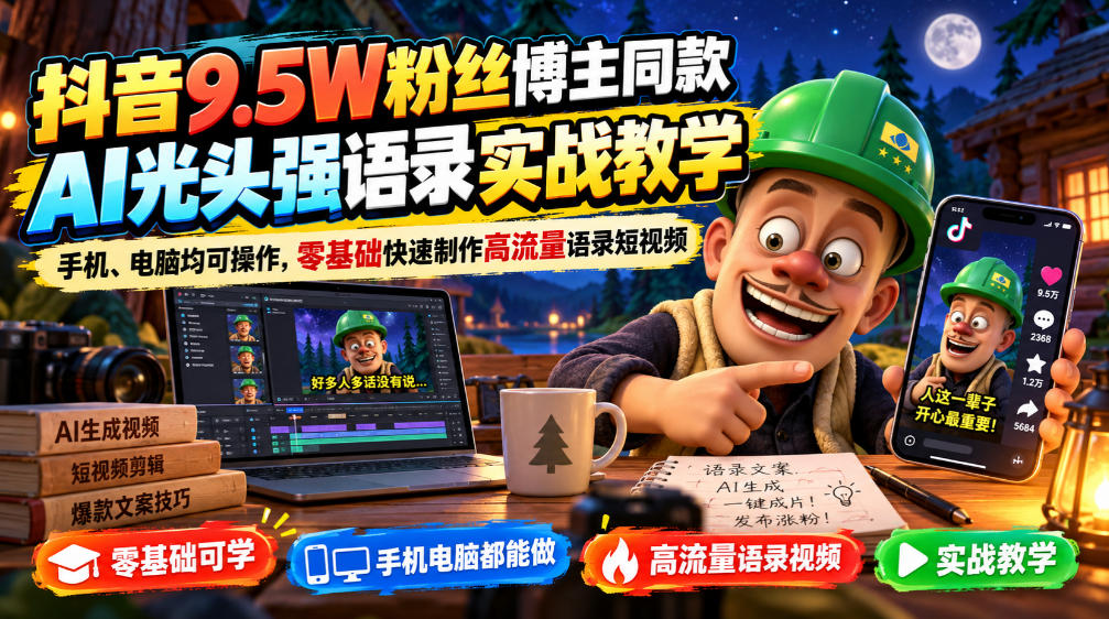 抖音9.5W粉丝博主同款AI光头强语录实战教学,手机、电脑均可操作,零基础快速制作高流量语录短视频 - 寻创社