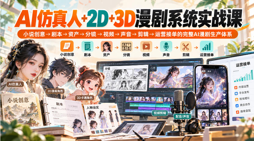 【无水印】AI仿真人+2D+3D漫剧系统实战课，小说创意→剧本→资产→分镜→视频→声音→剪辑→运营接单的完整AI漫剧生产体系 - 寻创社
