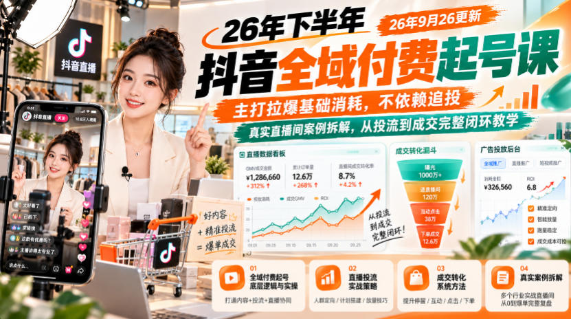 26年下半年抖音全域付费起号课26年9月26更新，主打拉爆基础消耗，不依赖追投，真实直播间案例拆解，从投流到成交完整闭环教学 - 寻创社