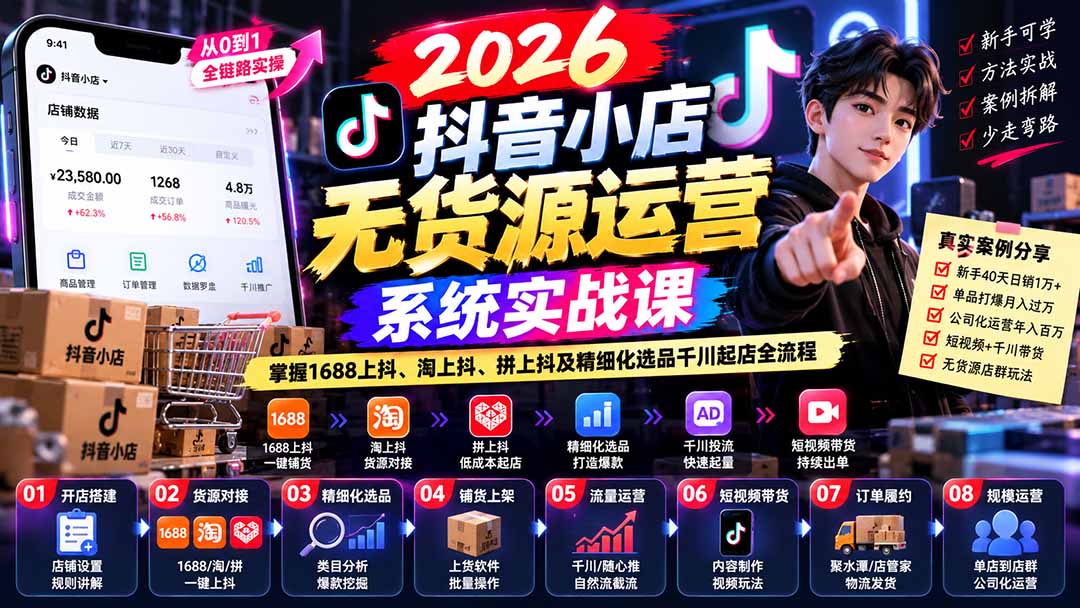 【无水印】2026抖音小店无货源运营系统实战课:掌握1688上抖、淘上抖、拼上抖及精细化选品千川起店全流程 - 寻创社