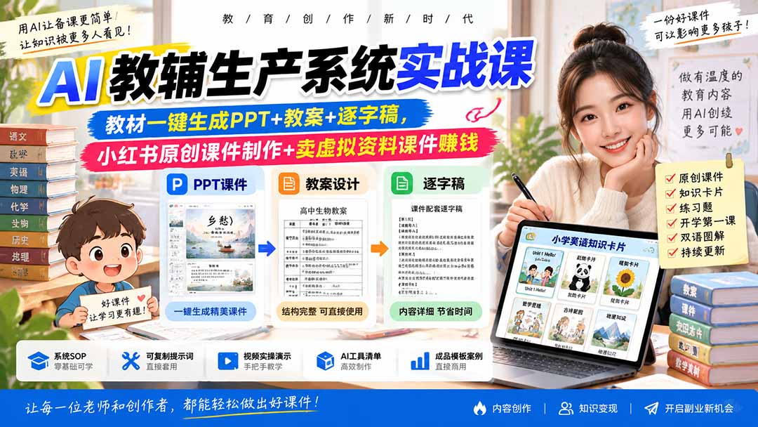 AI教辅生产系统实战课-更新0926｜教材一键生成PPT+教案+逐字稿，小红书原创课件制作+卖虚拟资料课件赚钱 - 寻创社