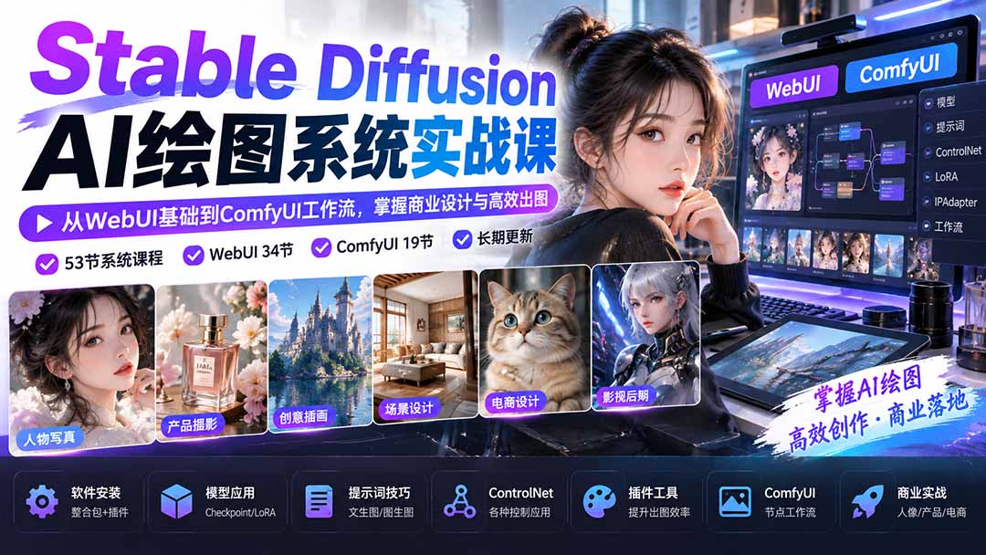 【无水印】Stable Diffusion AI绘图系统实战课：从WebUI基础到ComfyUI工作流，掌握商业设计与高效出图 - 寻创社