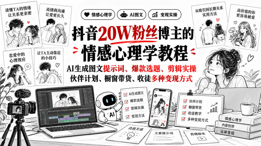 抖音20W粉丝博主静候心声的情感心理学教程，AI生成图文提示词、爆款选题、剪辑实操，伙伴计划、橱窗带货、收徒多种变现方式 - 寻创社