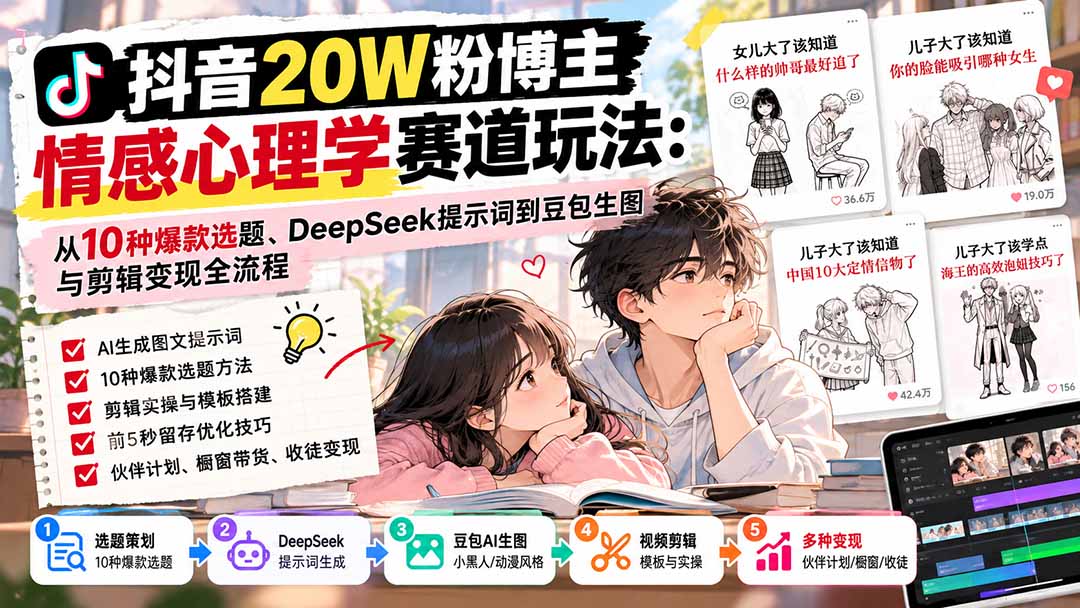 抖音20W粉博主-情感心理学赛道玩法：从10种爆款选题、DeepSeek提示词到豆包生图与剪辑变现全流程 - 寻创社