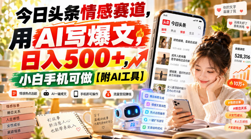 今日头条情感赛道，用AI写爆文，日入500+，小白手机可做【附AI工具】 - 寻创社