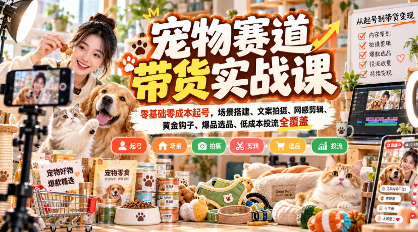 宠物赛道带货实战课,零基础零成本起号,场景搭建、文案拍摄、网感剪辑、黄金钩子、爆品选品、低成本投流全覆盖 - 寻创社