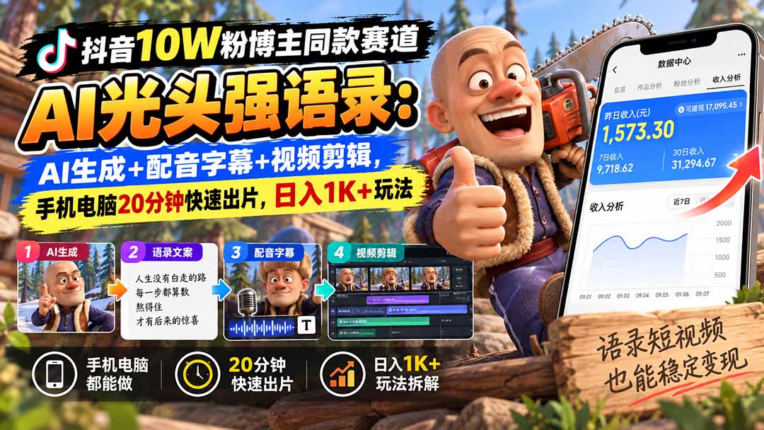 【无水印】抖音10W粉博主同款赛道AI光头强语录:AI生成+配音字幕+视频剪辑,手机电脑20分钟快速出片,日入1K+玩法 - 寻创社