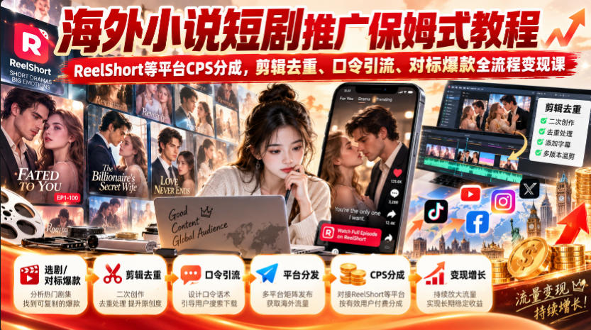 海外小说短剧推广保姆式教程｜ReelShort等平台CPS分成，剪辑去重、口令引流、对标爆款全流程变现课 - 寻创社