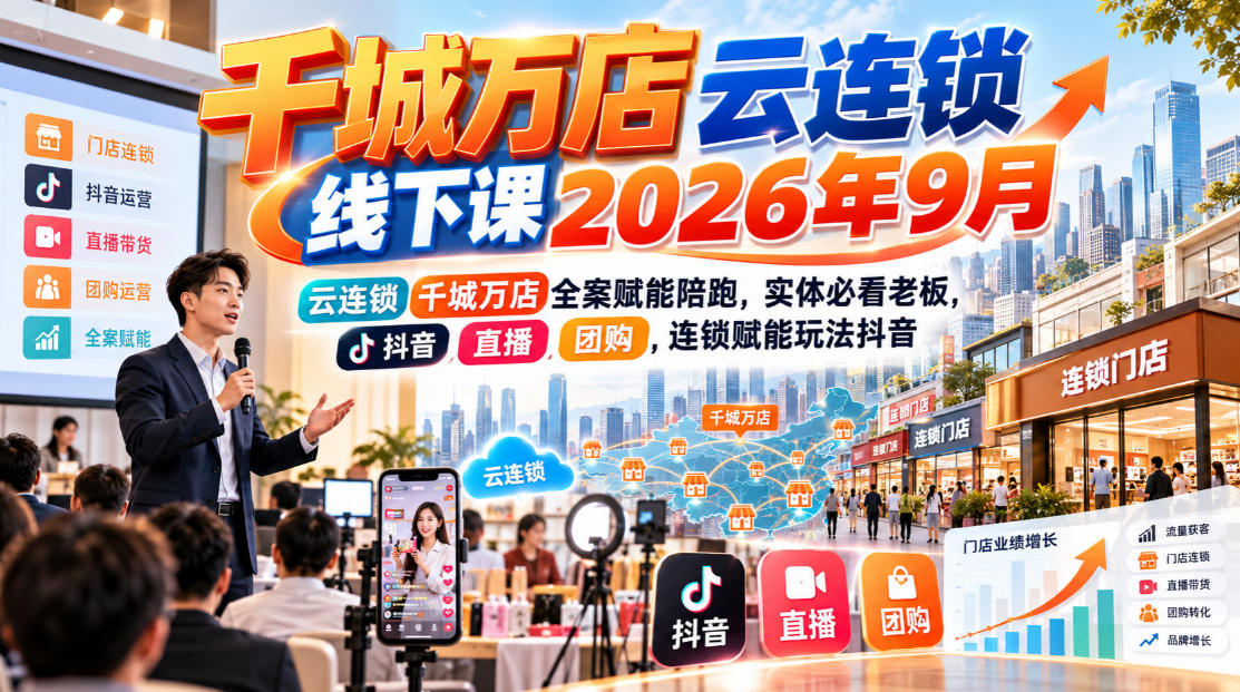 千城万店云连锁线下课2026年9月,云连锁千城万店全案赋能陪跑,实体必看老板,抖音,直播,团购,连锁赋能玩法抖音 - 寻创社