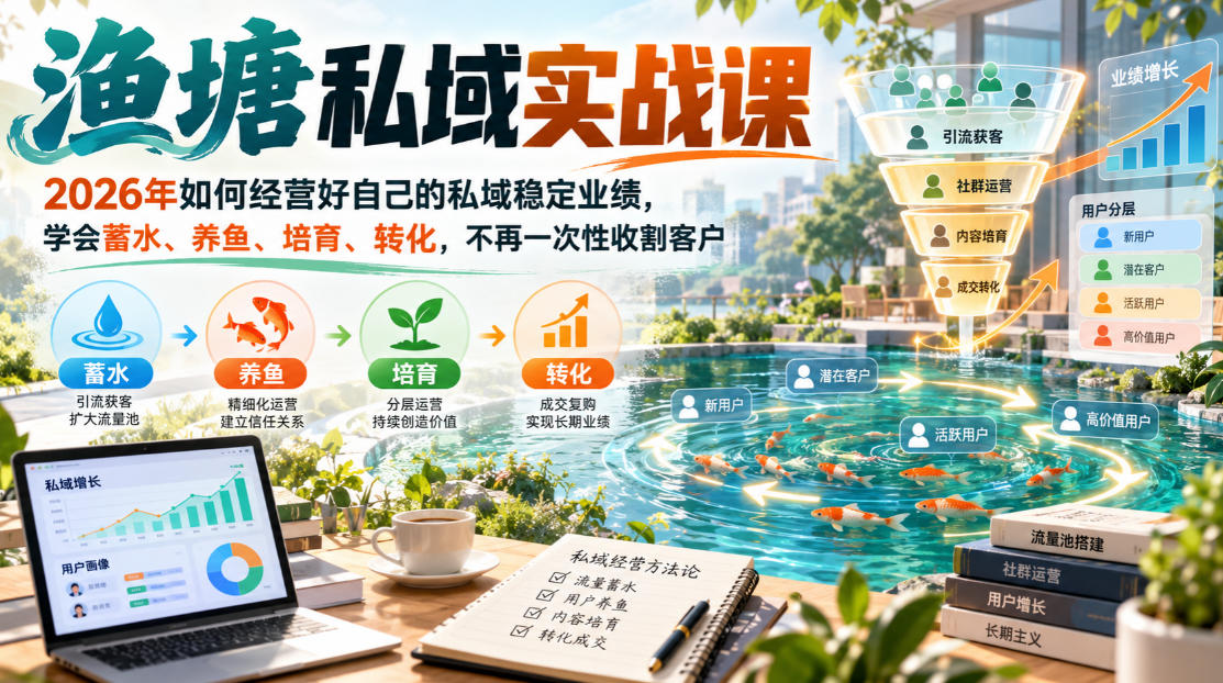 渔塘私域实战课，2026年如何经营好自己的私域稳定业绩，学会蓄水、养鱼、培育、转化，不再一次性收割客户 - 寻创社