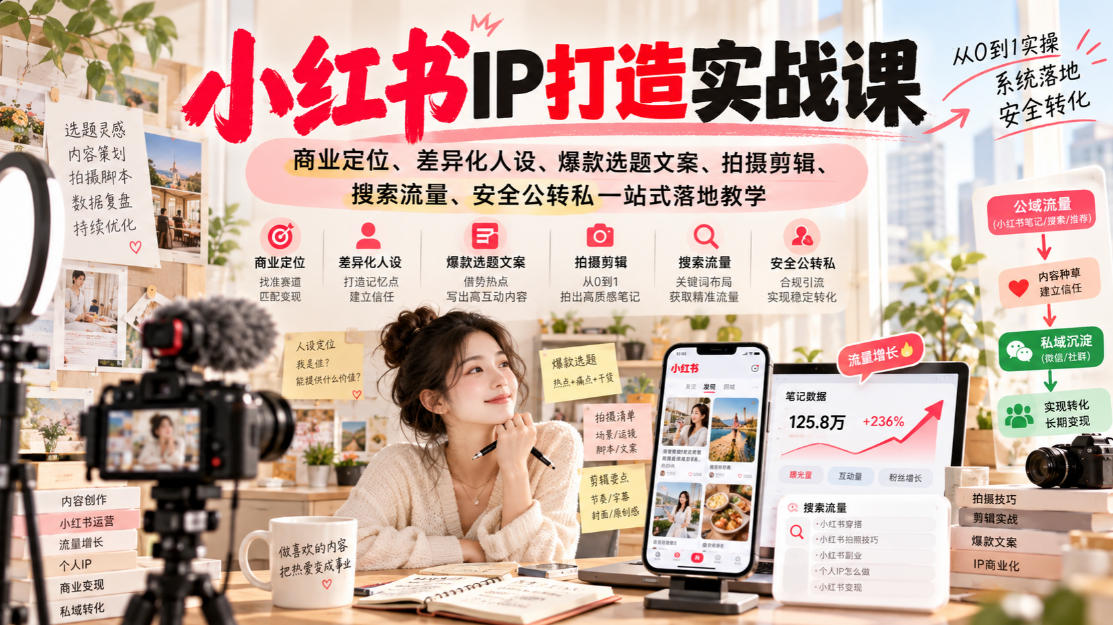小红书ip打造实战课，商业定位、差异化人设、爆款选题文案、拍摄剪辑、搜索流量、安全公转私一站式落地教学 - 寻创社