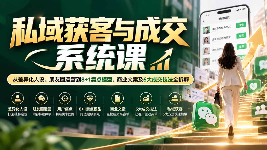 私域获客与成交系统课：从差异化人设、朋友圈运营到8+1卖点模型、商业文案及6大成交技法全拆解 - 寻创社