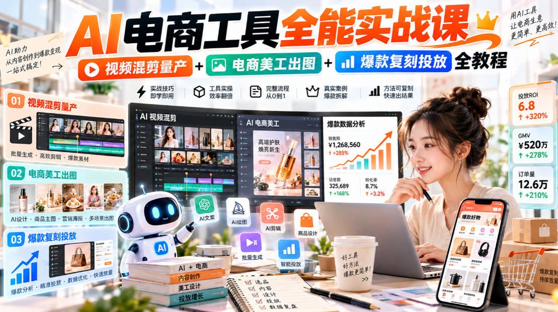 AI电商工具全能实战教学，视频混剪量产+电商美工出图+爆款复刻投放全教程​ - 寻创社