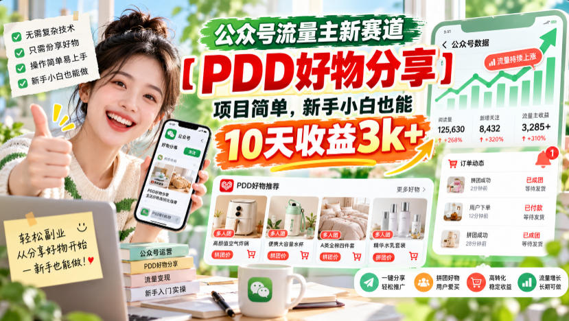 公众号流量主新赛道【PDD好物分享】，项目简单，新手小白也能10天收益3k+ - 寻创社