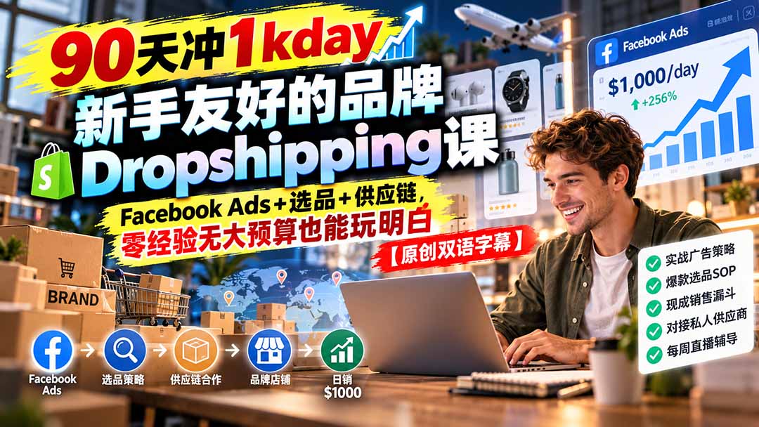 90天冲1kday 新手友好的品牌Dropshipping课：Facebook Ads+选品+供应链，零经验无大预算也能玩明白【原创双语字幕】 - 寻创社