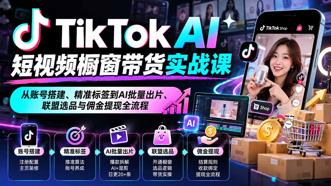 TikTok AI短视频橱窗带货实战课：从账号搭建、精准标签到AI批量出片、联盟选品与佣金提现全流程 - 寻创社