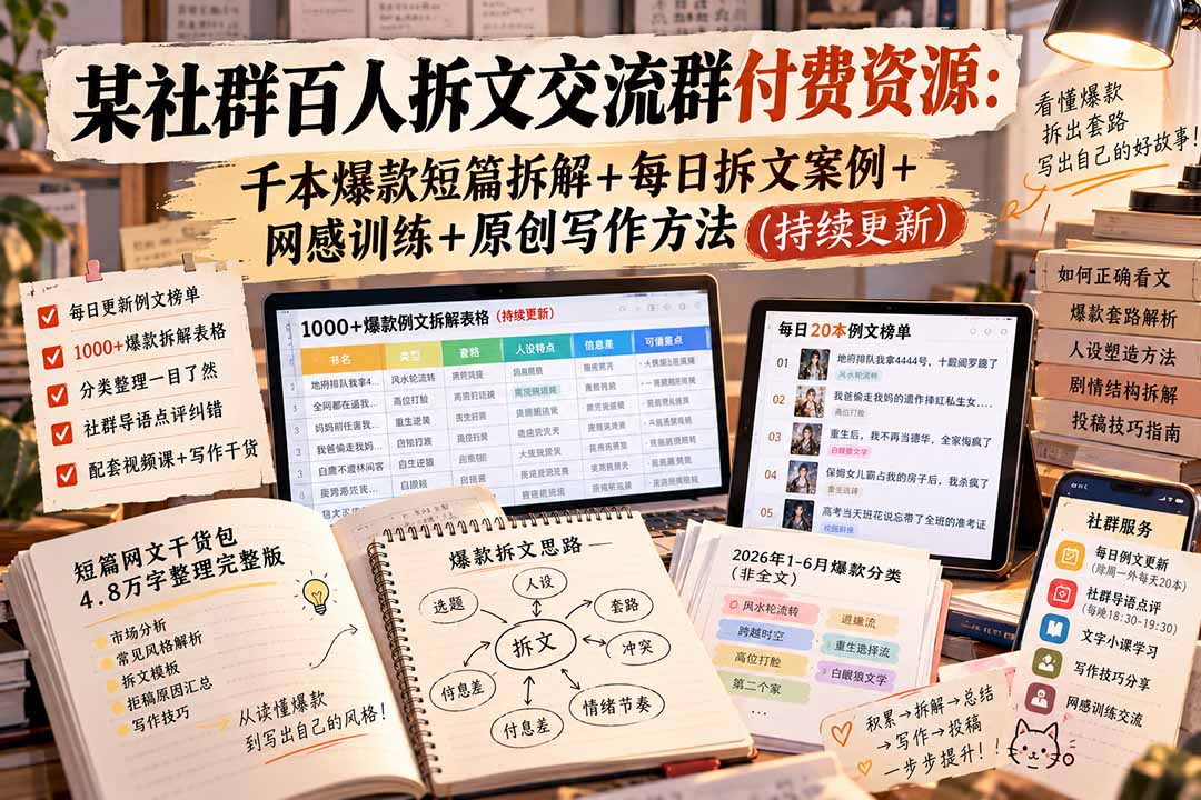 某社群百人拆文交流群付费资源-更新0929：千本爆款短篇拆解+每日拆文案例+网感训练+原创写作方法 - 寻创社