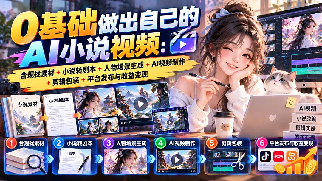 0基础做出自己的AI小说视频：合规找素材+小说转剧本+人物场景生成+AI视频制作+剪辑包装+平台发布与收益变现 - 寻创社