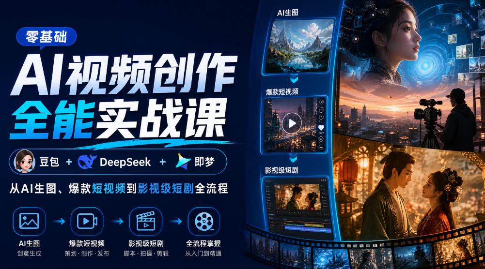 零基础AI视频创作全能实战课｜豆包+DeepSeek+即梦，从AI生图、爆款短视频到影视级短剧全流程 - 寻创社