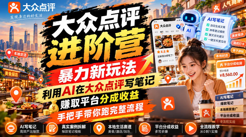 大众点评进阶营，暴力新玩法，利用AI在大众点评写笔记， 賺取平台分成收益，手把手带你跑完整流程 - 寻创社