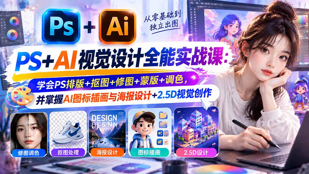 【无水印】PS+AI视觉设计全能实战课：学会PS排版+抠图+修图+蒙版+调色，并掌握AI图标插画与海报设计+2.5D视觉创作 - 寻创社