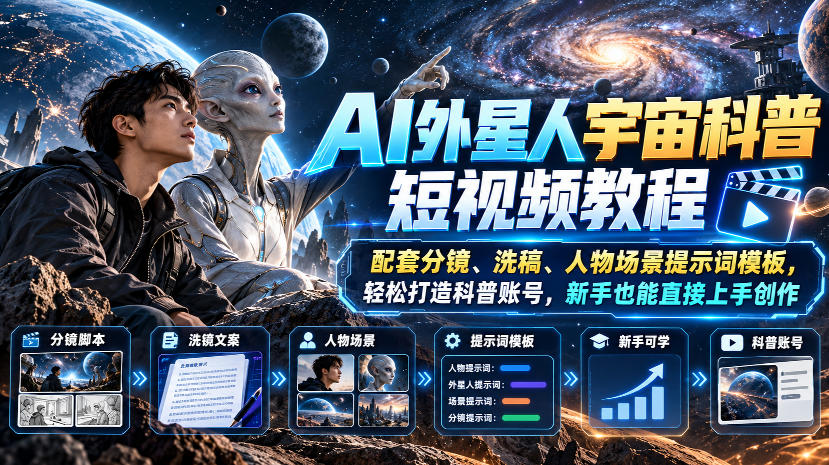AI外星人宇宙科普短视频教程，配套分镜、洗稿、人物场景提示词模板，轻松打造科普账号，新手也能直接上手创作 - 寻创社